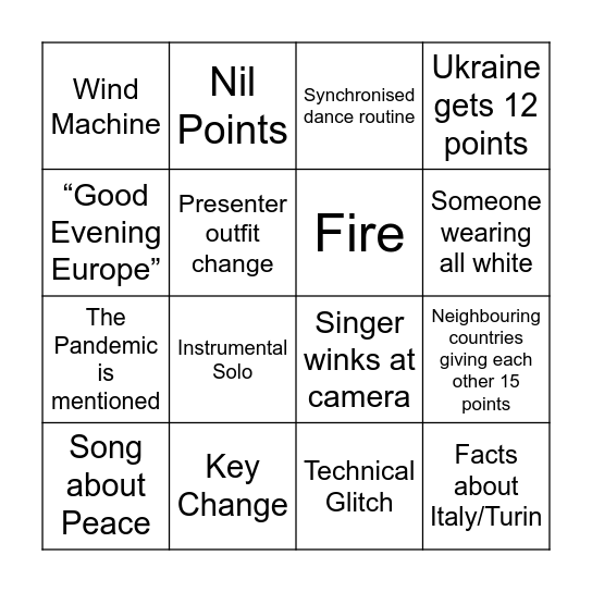 Eurovision 2022 Bingo Card