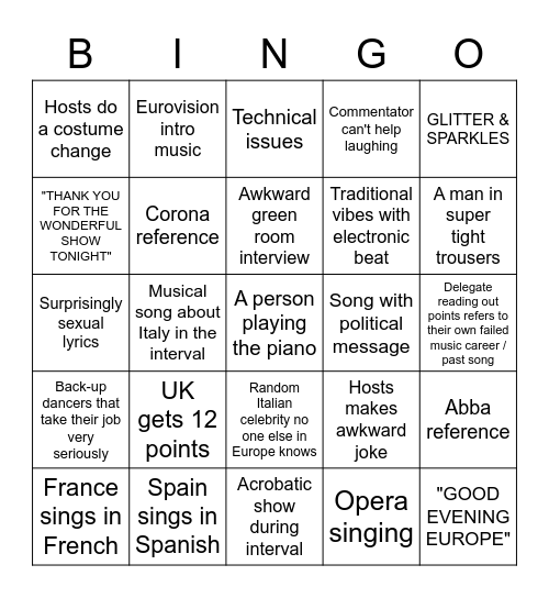 2022 Eurovision Bingo Extravaganza! Bingo Card