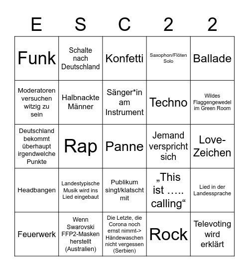 ESC-Bingo 2022 Bingo Card
