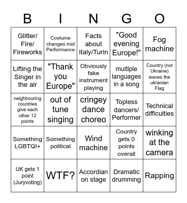 Eurovision Song Contest 2022 Bingo Card