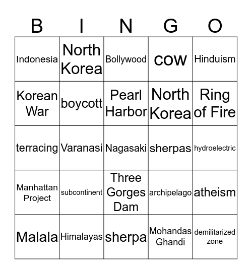 Asia Bingo Card