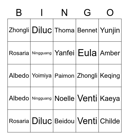 genshin Bingo Card