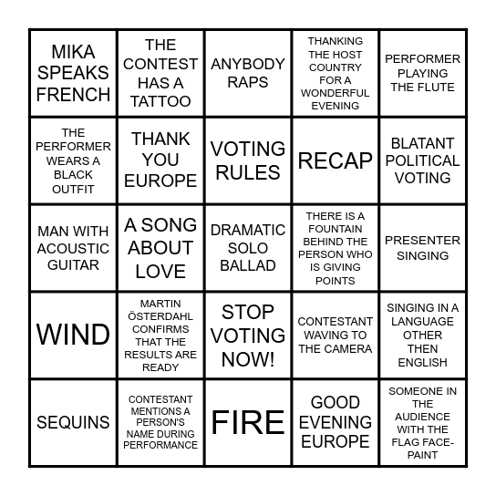 EUROVISION 2022 Bingo Card