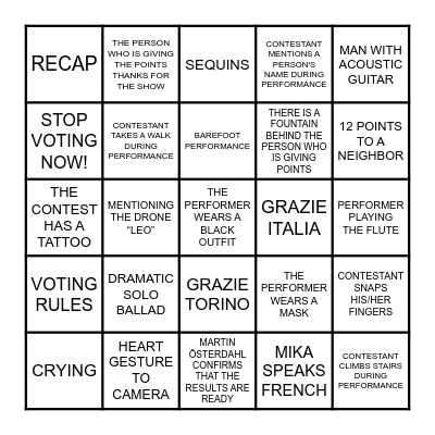 EUROVISION 2022 Bingo Card