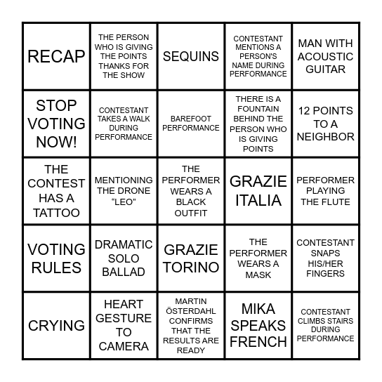 EUROVISION 2022 Bingo Card