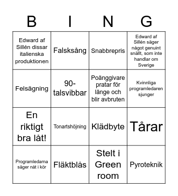 Eurovision 2022 Bingo Card