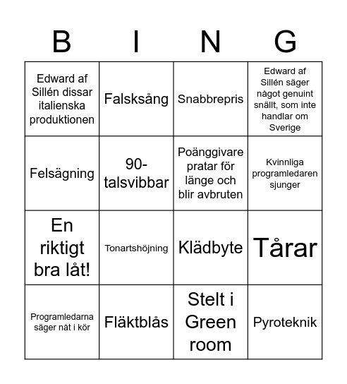 Eurovision 2022 Bingo Card