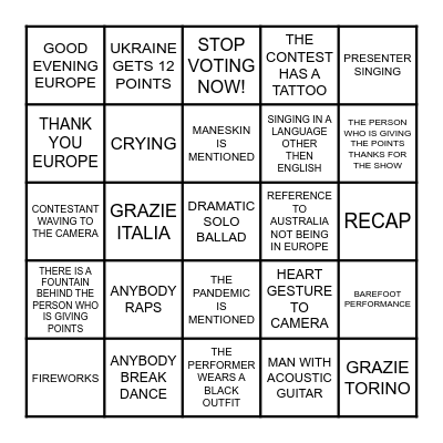 EUROVISION 2022 Bingo Card