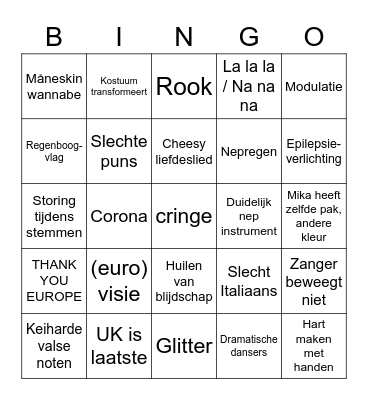 Eurovisie 2022 Bingo Card