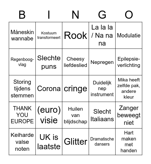 Eurovisie 2022 Bingo Card