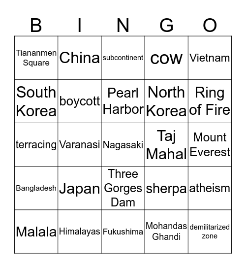 Asia Bingo Card