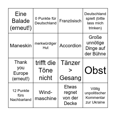 ESC 2022 Bingo Card