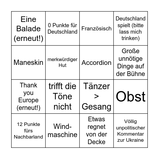 ESC 2022 Bingo Card