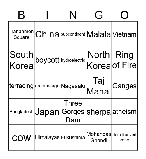 Asia Bingo Card