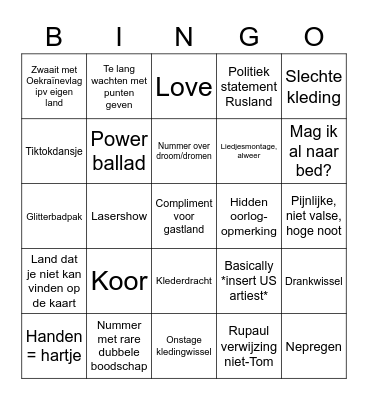 Songfestival 2022 Bingo Card