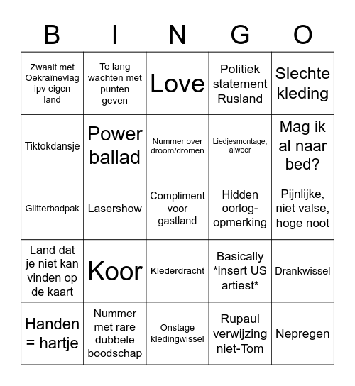 Songfestival 2022 Bingo Card