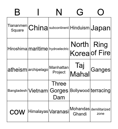 Asia Bingo Card