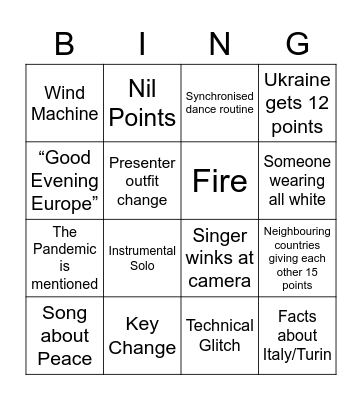 Eurovision 2022 Bingo Card