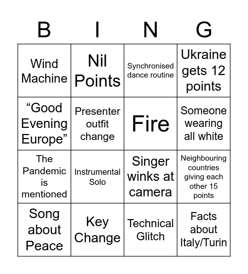 Eurovision 2022 Bingo Card