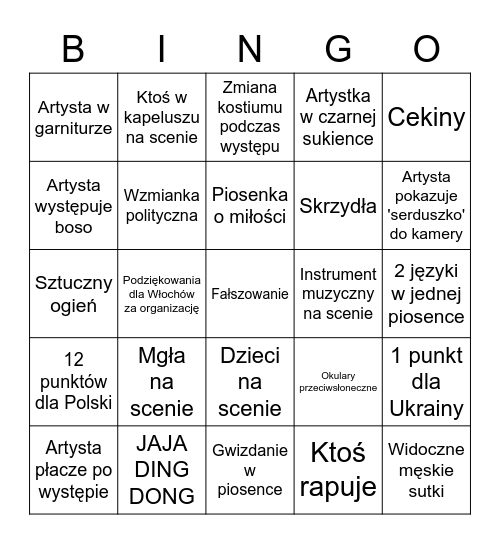 BINGO EUROWIZJA 2022 Bingo Card