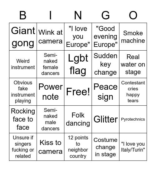 Eurovision Bingo Card