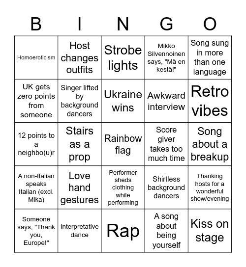 Eurovision 2022 Bingo Card