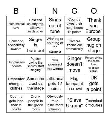 Eurovision Friction 2022 Bingo Card