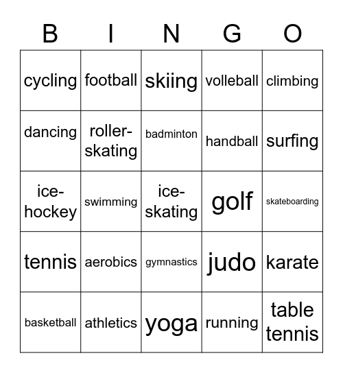 Sports and Hobbies Bingo Card