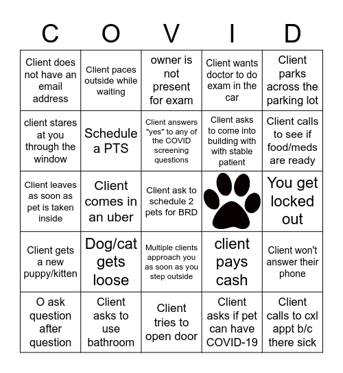 Veterinary COVID-19 Bingo Card