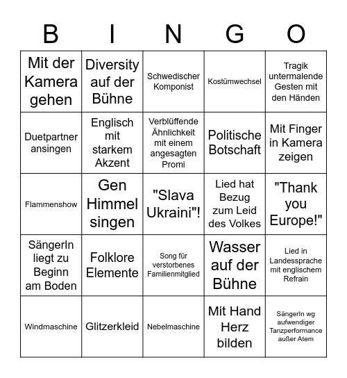 ESC 2022 Bingo Card