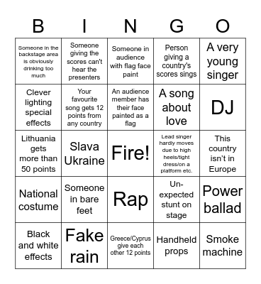 Eurovision Bingo Card