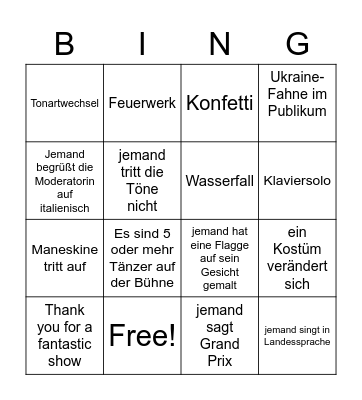 ESC 2022 Bingo Card