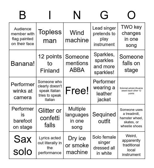 Eurovision Bingo - 2022 Bingo Card