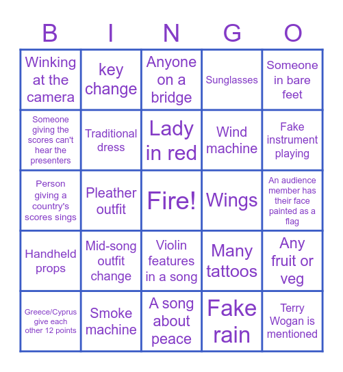 Eurovision Bingo Card