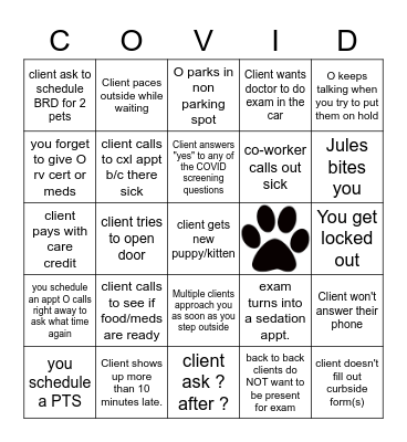 Veterinary COVID-19 Bingo Card