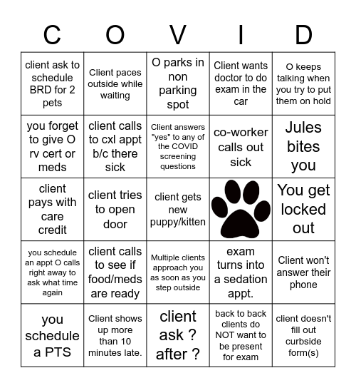 Veterinary COVID-19 Bingo Card
