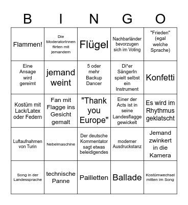 ESC 2022 Bingo Card