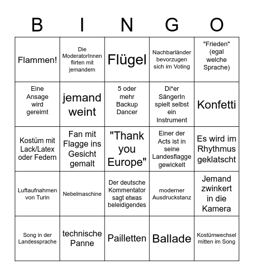 ESC 2022 Bingo Card
