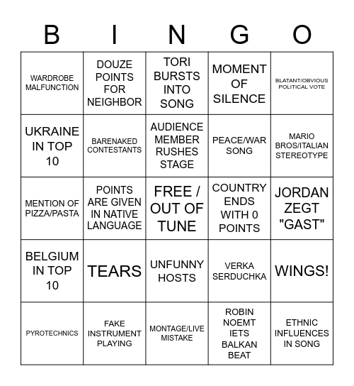 EUROVISION 2022 Bingo Card