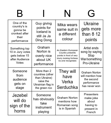 Eurovision Bingo Card