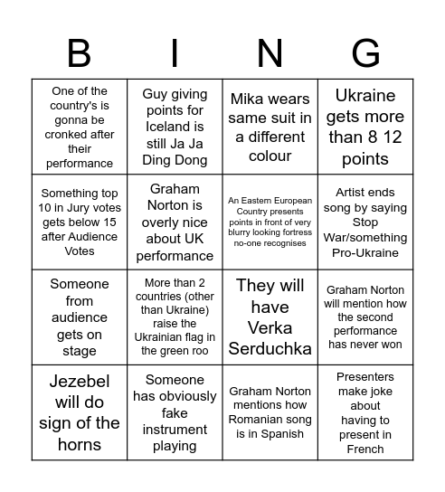 Eurovision Bingo Card