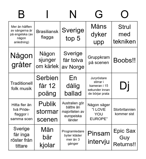 Eurovision Bingo Card