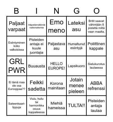 Eurovision Bingo Card