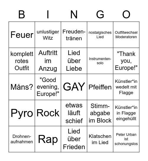 Eurovision 2022 Bingo Card