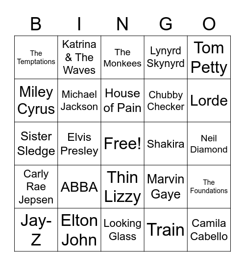Name That Tune Bingo Card