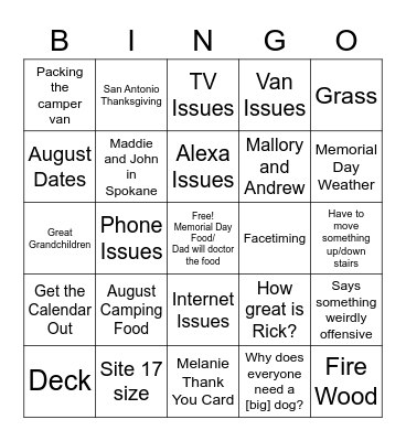 Grandma Dinner Bingo Card