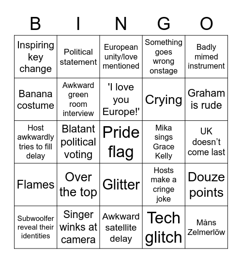 EUROVISION 2022 Bingo Card