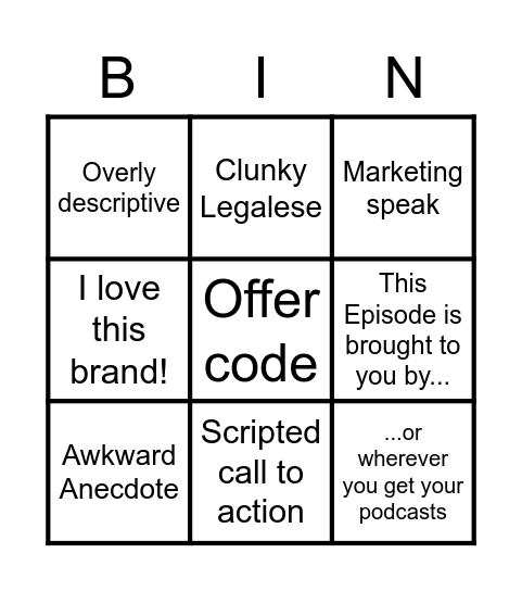 Podcast Ad Bingo Card