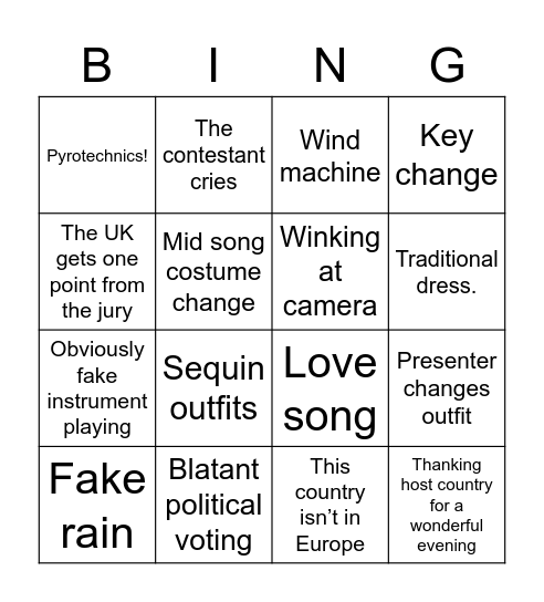 Eurovision bingo card 1 Bingo Card