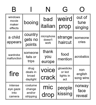 eurovision 2022 Bingo Card